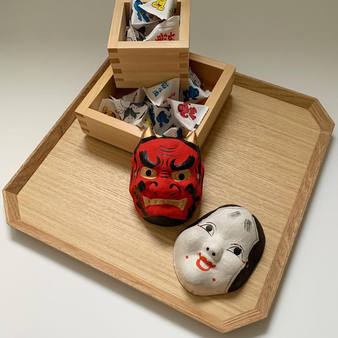 壁掛け節分飾り 鬼の面とおかめの面（小） 和紙製 (KS) Japanese paper