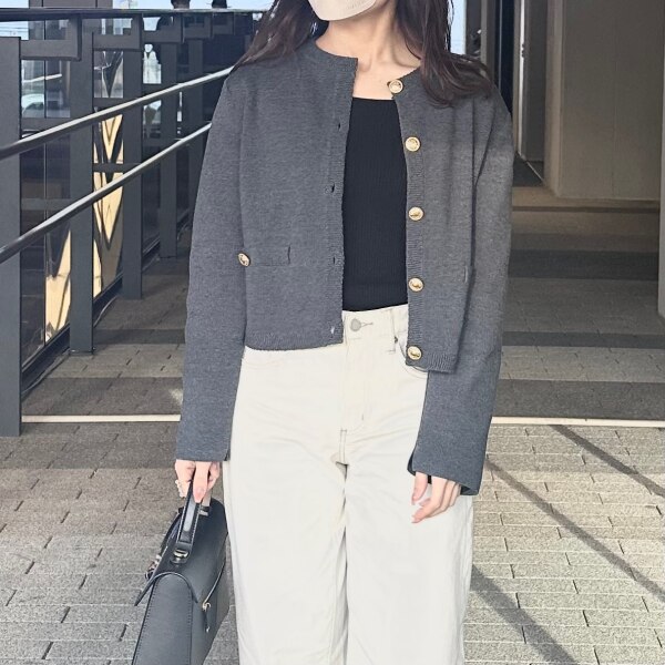 anuans オリジナルボタンノーカラーニットジャケット アニュアンス  