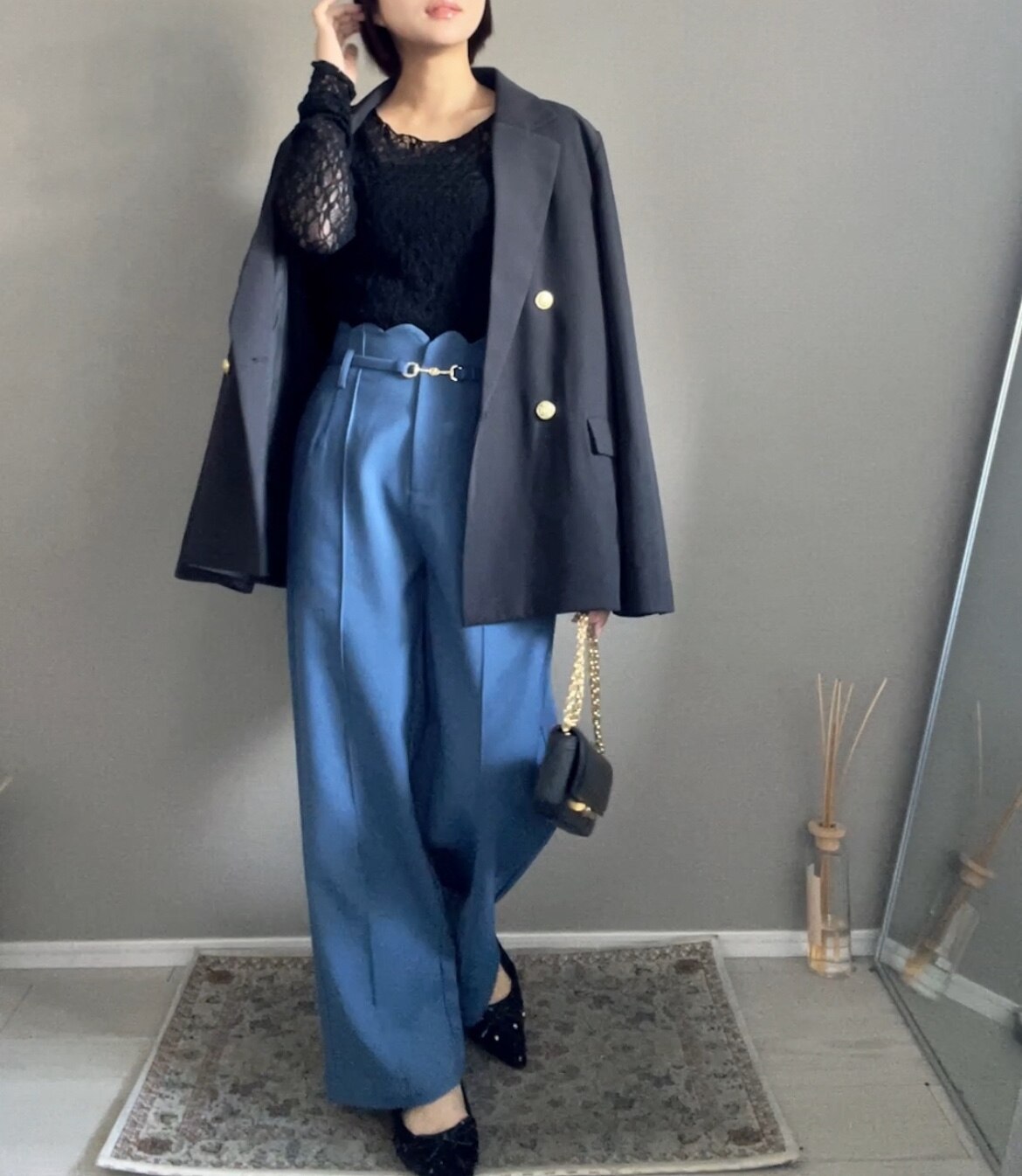 スカラップ ワイドパンツ ハイウエスト レディース オールシーズン