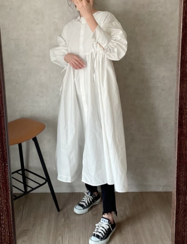 トップブロガーshioriさんコラボ商品 ワンピース 長袖 Roomコラボ 春 夏 秋 綿100 ショート ロング ぷっくり袖リボンワンピース 送料無料 メール便不可 ショート レギュラー レディース 春夏秋 オフホワイト 白 袖リボン シャツ ワンピ 羽織り 涼感 透け感