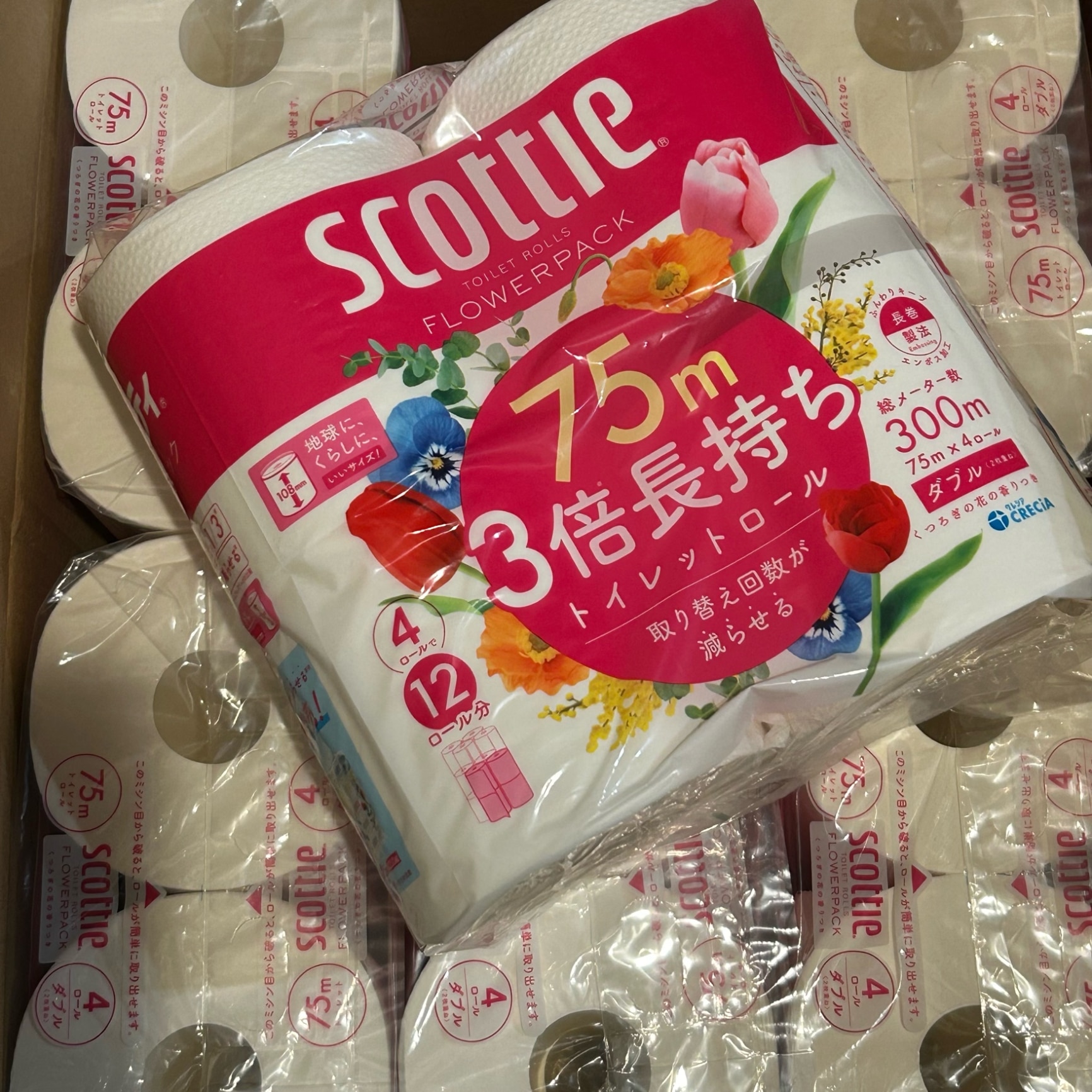 75m スコッティ フラワーパック 3倍長持ち トイレットペーパー ダブル(4ロール×12袋セット(1ロール 75m))【スコッティ(SCOTTIE ...