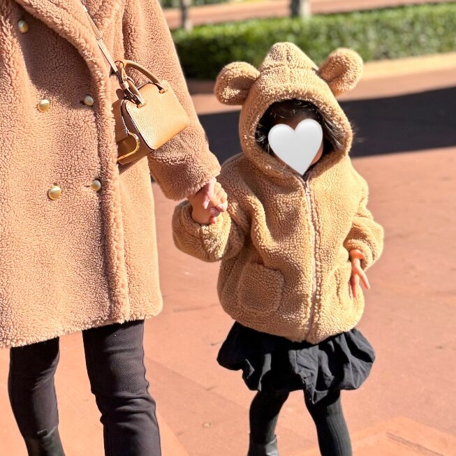 ハンドメイド【くま耳付きセットアップ】 ハンドメイド 姉弟お揃い やみくま柄くま耳付きワンピース＆くま