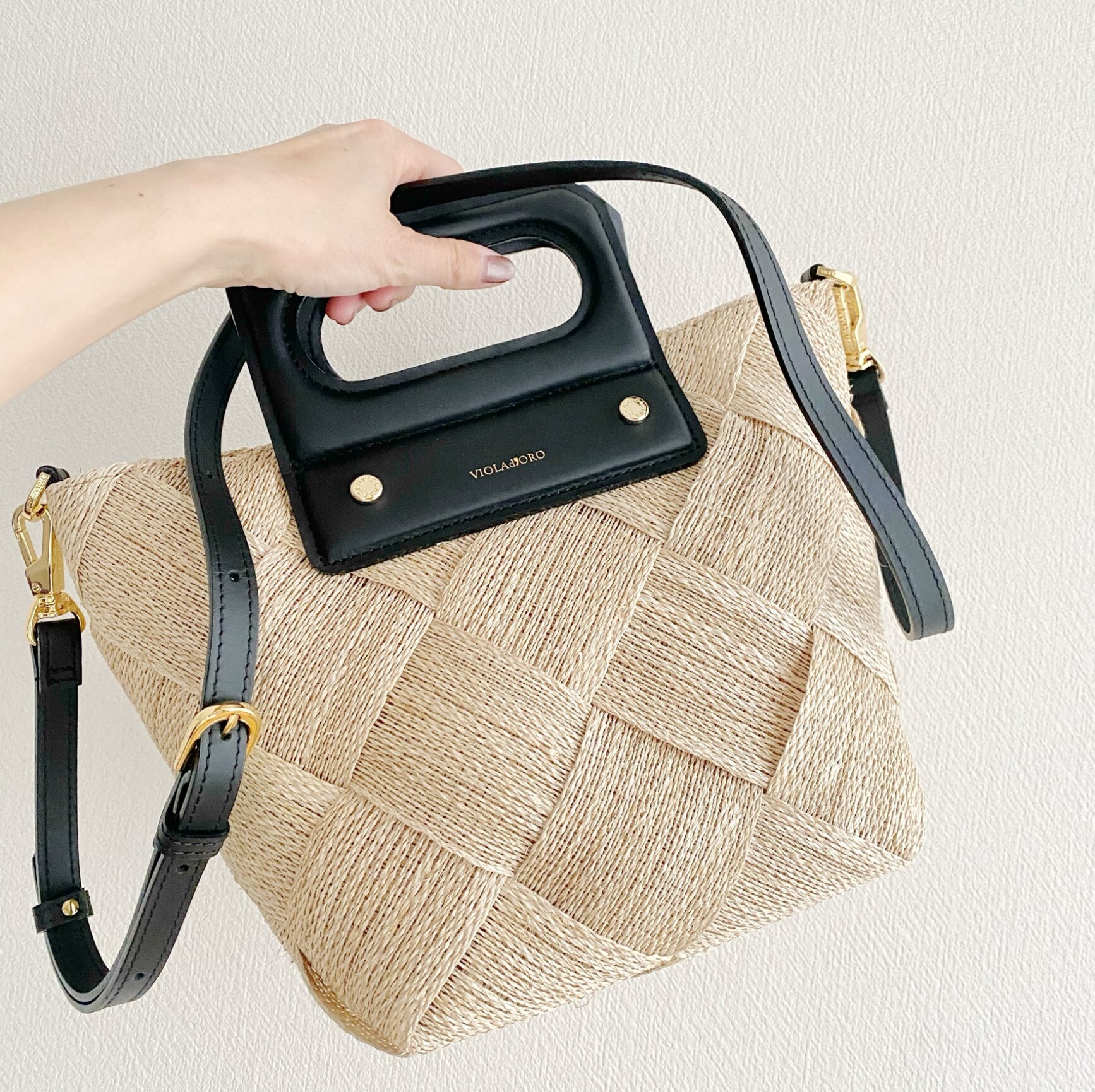 極美品　VIOLAd'ORO 2wayカゴバック　スクエア　グリーン VIOLAd'ORO ヴィオラドーロ かごバッグ ラタン 2WAYミニ
