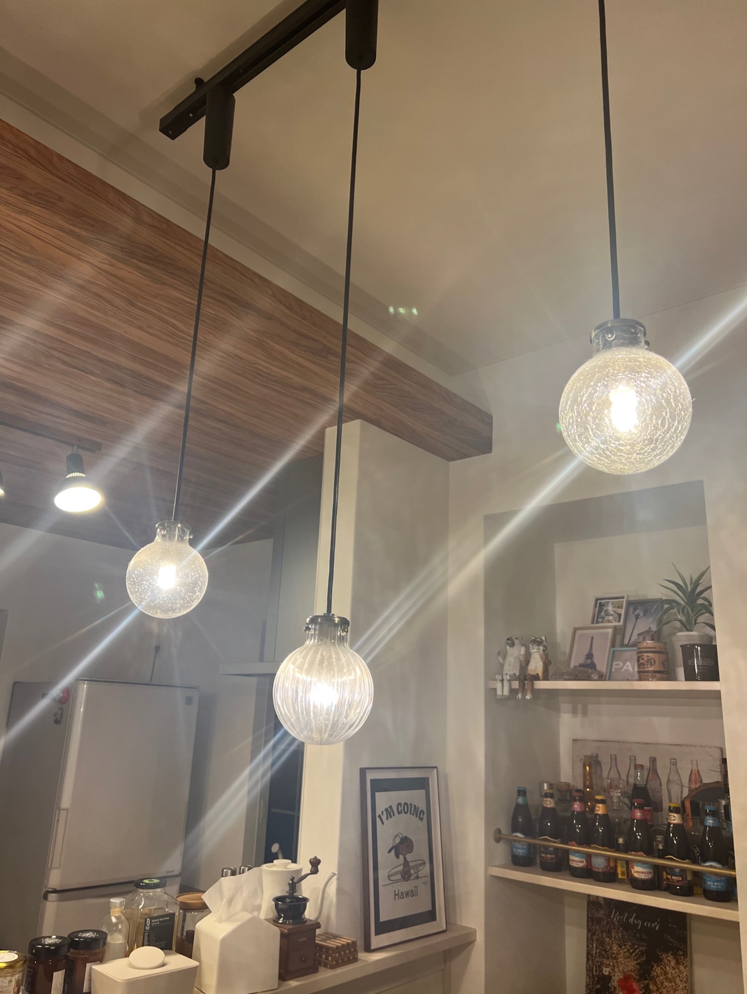 ペンダントライト ガラス 真鍮 小型 泡入 ヒビ模様 リブ入