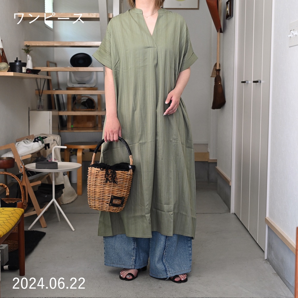 人気 ミズイロインド 綿 黄麻 スキッパー シャツ ワンピース インディゴ染 先染めストライプスキッパーシャツワンピース（マキシ・ロング