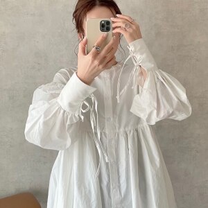 トップブロガーshioriさんコラボ商品 ワンピース 長袖 Roomコラボ 春 夏 秋 綿100 ショート ロング ぷっくり袖リボンワンピース 送料無料 メール便不可 ショート レギュラー レディース 春夏秋 オフホワイト 白 袖リボン シャツ ワンピ 羽織り 涼感 透け感