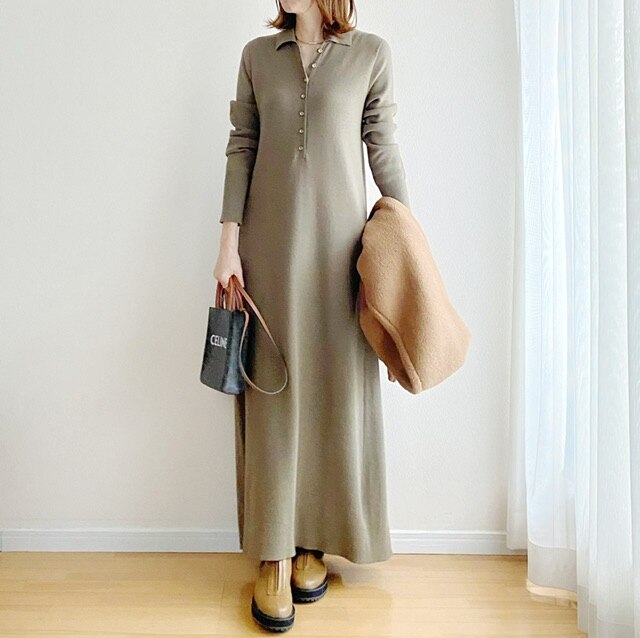 ポロ襟ニットマキシ丈ワンピース