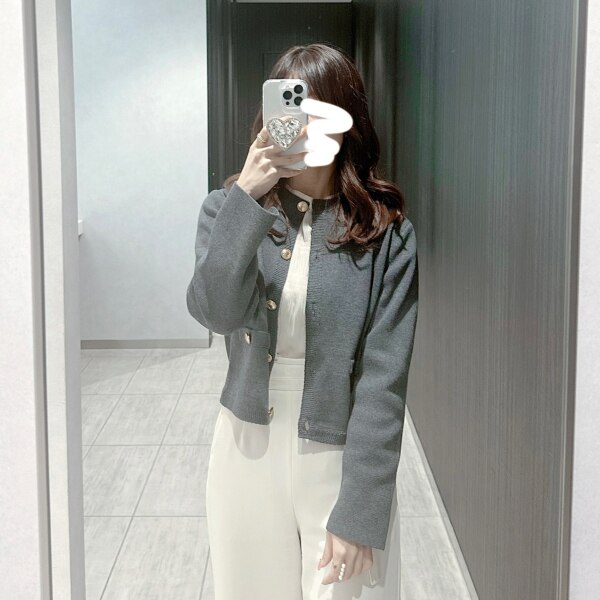 anuans オリジナルボタンノーカラーニットジャケット アニュアンス  